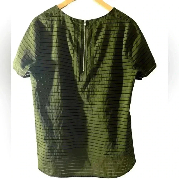 J. Crew Short Sleeved Top Shadow Stripe Green Semi Sheer Exposed Back Zi… - Picture 3 of 5